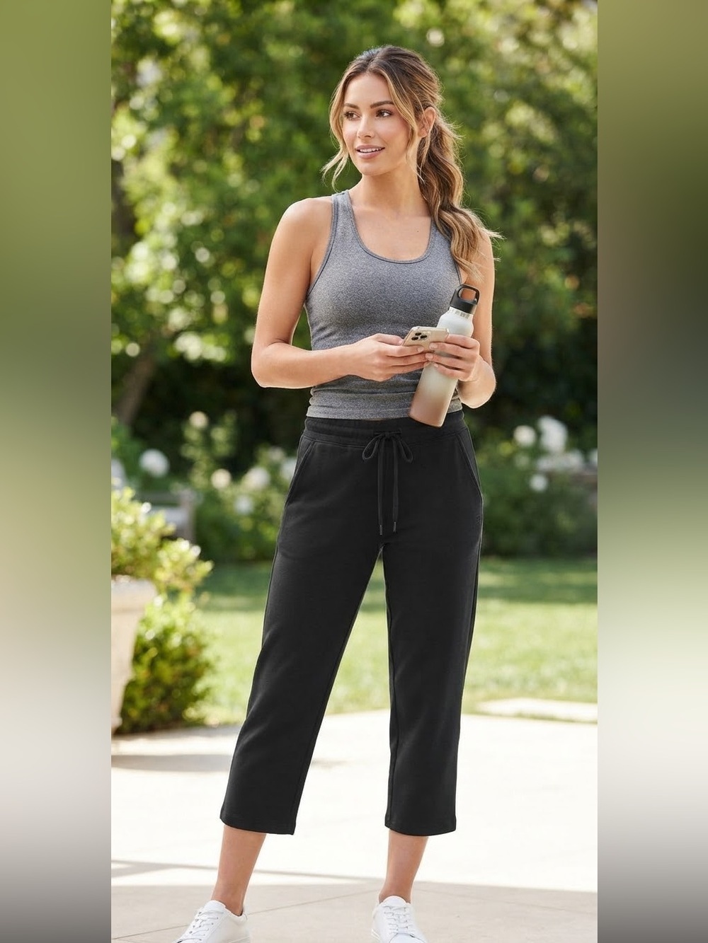 Fabletics Black Stretch Waistband Athletic Pants Sz S Raw Hem Drawstring Womens